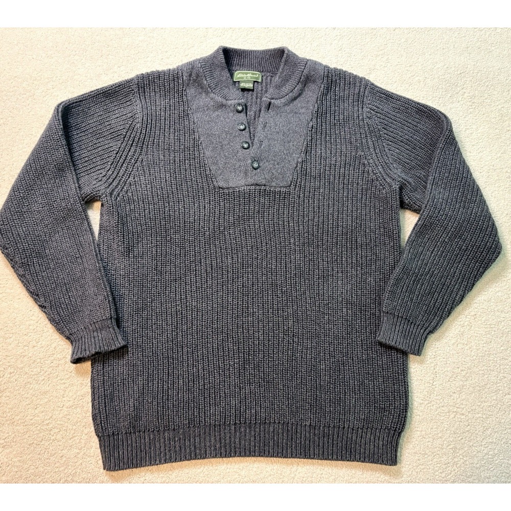 Eddie Bauer Mens M Gray Rib Knit 100% Cotton Henley Sweater Mock Neck